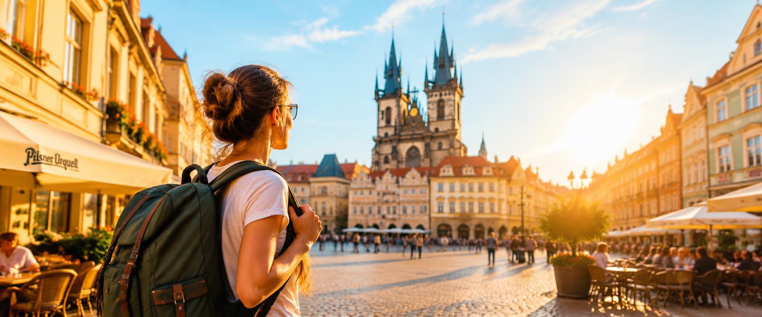 Traveller with a backpack exploring a European old-town square at golden hour
